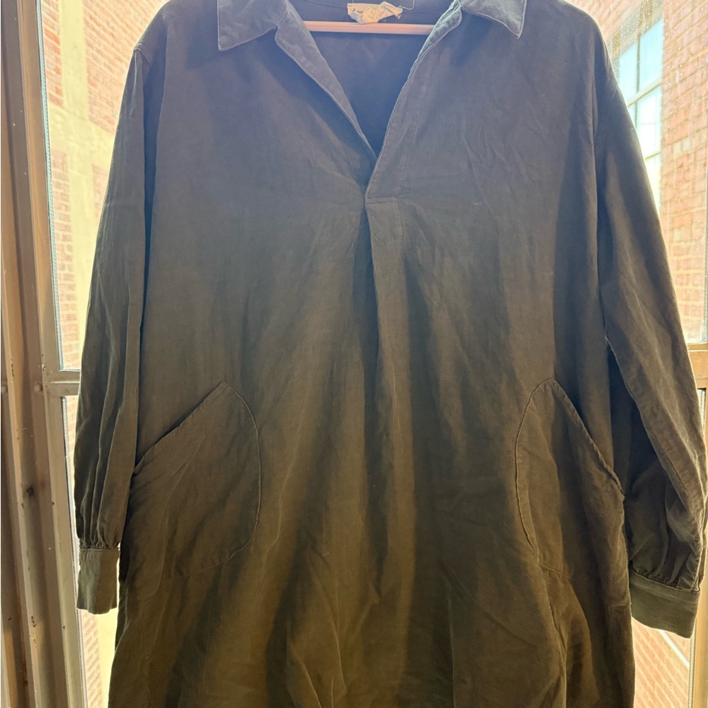 Olive Green Long Sleeve Corduroy Tunic Dress